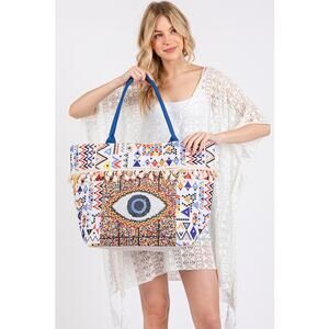 Eye Graphic Bead Pattern Boho Print Pom Pom Tassel Summer Tote Bag